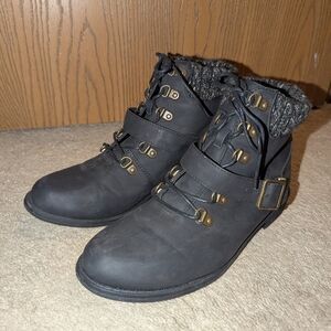 Aurinda Black Lace Up Boots/booties with Sweater Cuff, black decorative buckle